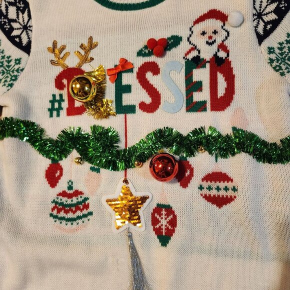 Ugly Christmas Sweater Women’s Medium #Blessed Santa Tinsel Ornaments Holiday - Picture 2 of 5